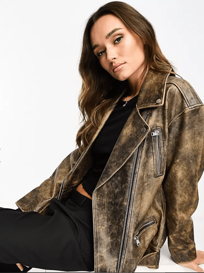 Women's Distressed Biker Leather Jacket With Belt