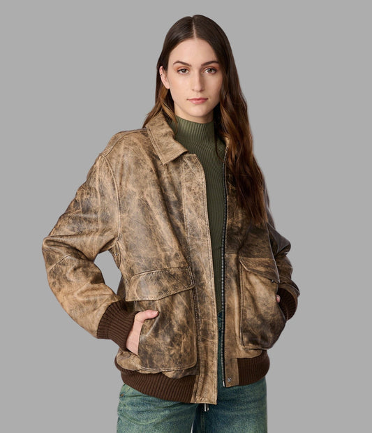 Women's Distressed Bomber Harrington Leather Jacket In Brown - Arcane Fox