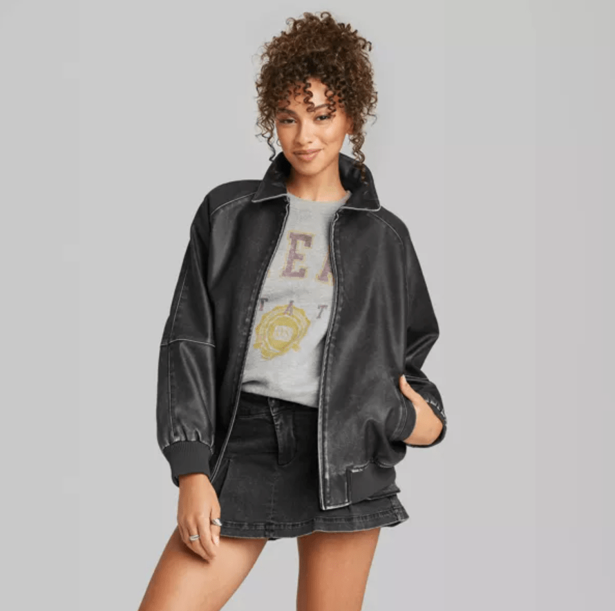 Women's Distressed Bomber Leather Jacket In Black