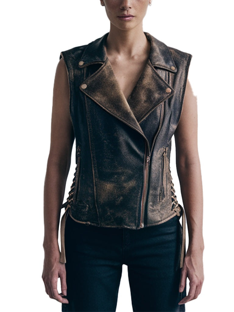 Women's Distressed Leather Vest In Black