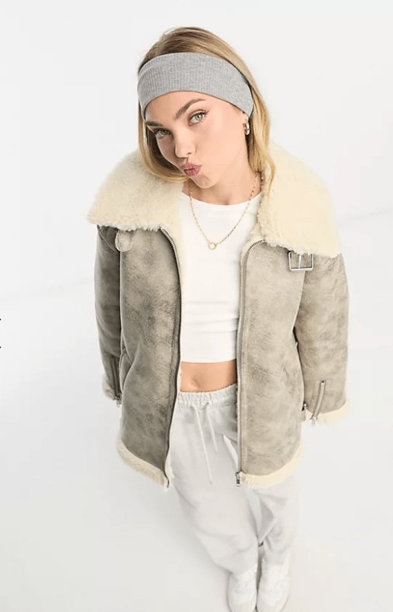 Women's Distressed Shearling Bomber Leather Jacket In White