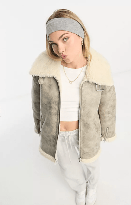 Women's Distressed Shearling Bomber Leather Jacket In White