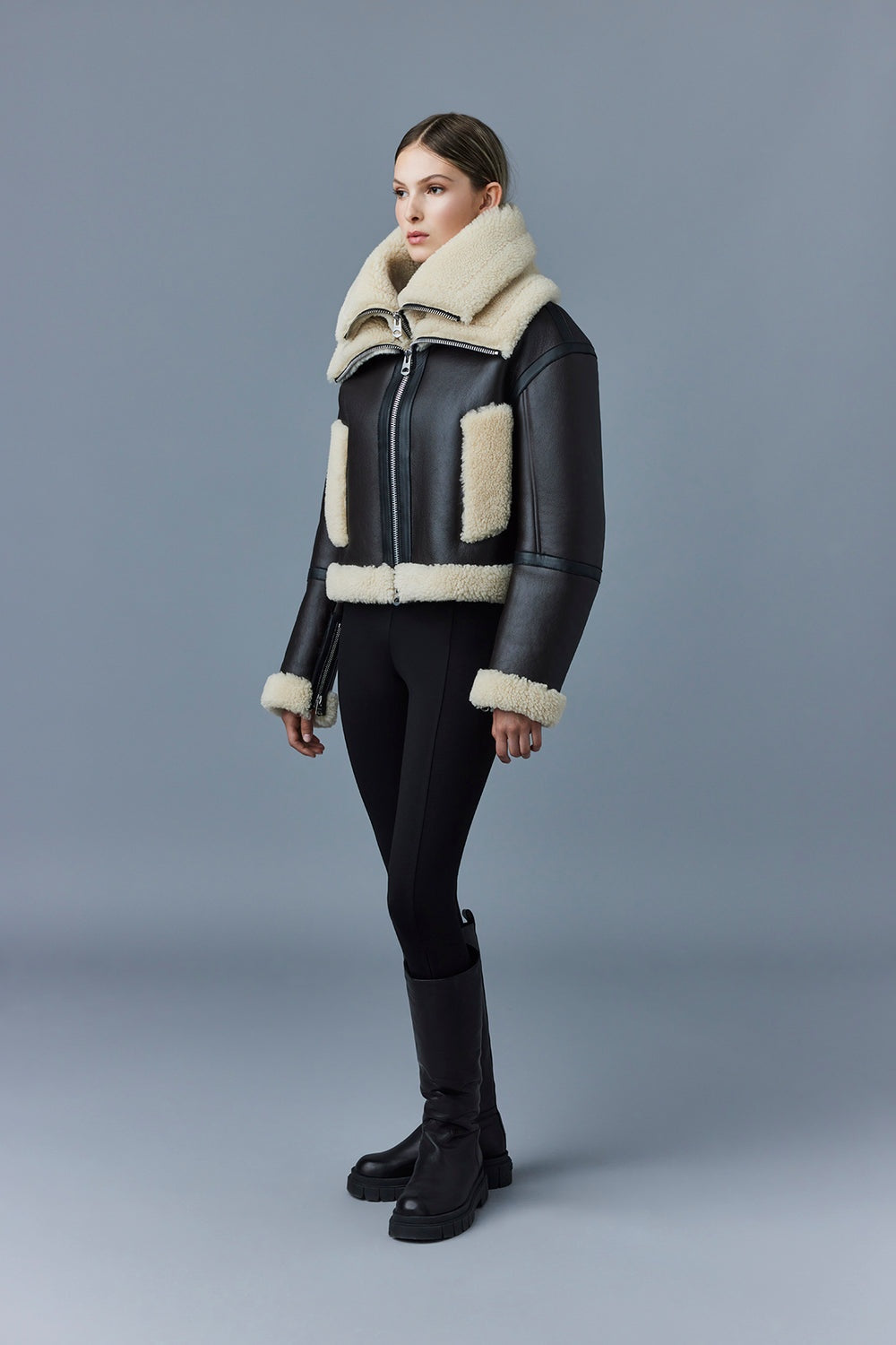 Women's Double Collar Coffee Brown Shearling Fur Leather Jacket