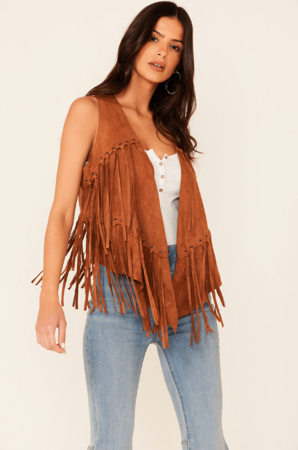 Women's Fringe Suede Leather Vest In Brown