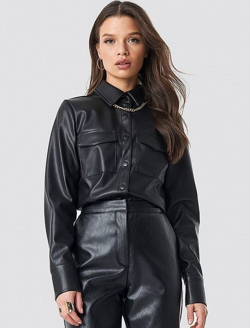 Women's Full Sleeve Trucker Leather Shirt In Black
