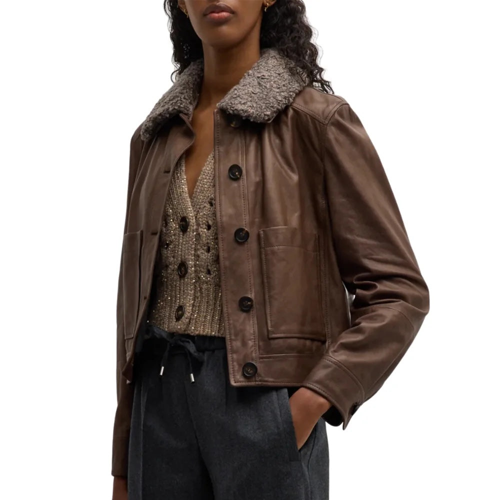 Women's Fur Collar Brown Leather Jackets