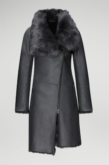 Women's Fur Shearling Leather Coat In Matte Black Arcane Fox