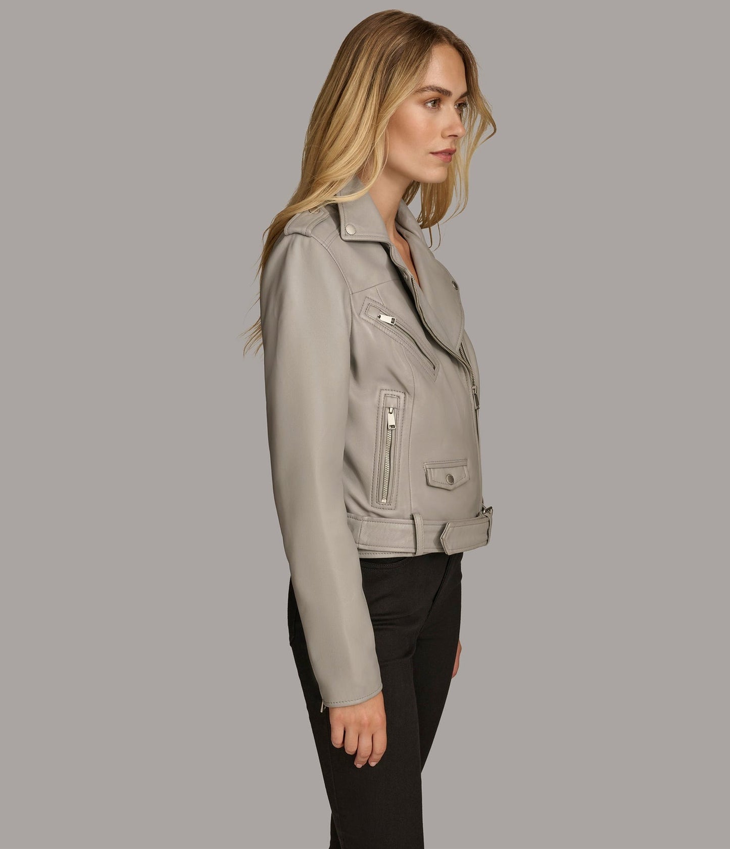 Women's Gray Belted Biker Leather Jacket - Arcane Fox