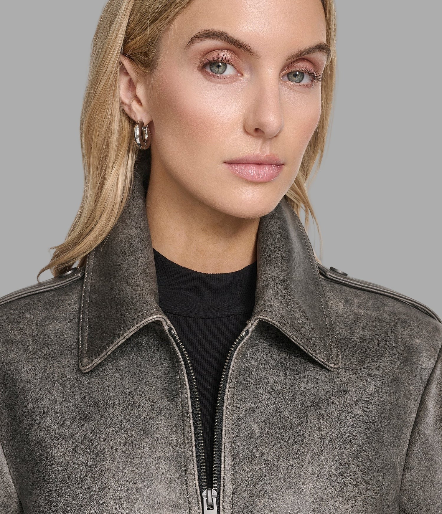 Women's Gray Distressed Harrington Leather Jacket - Arcane Fox