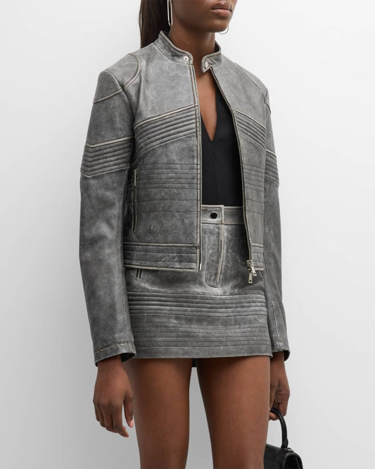 Women's Gray Distressed Leather Jacket