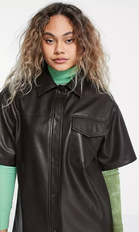 Women's Half Sleeve Trucker Leather Shirt In Black