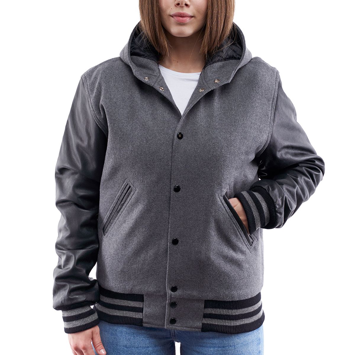 Women's Hooded Letterman Leather Jacket In Gray
