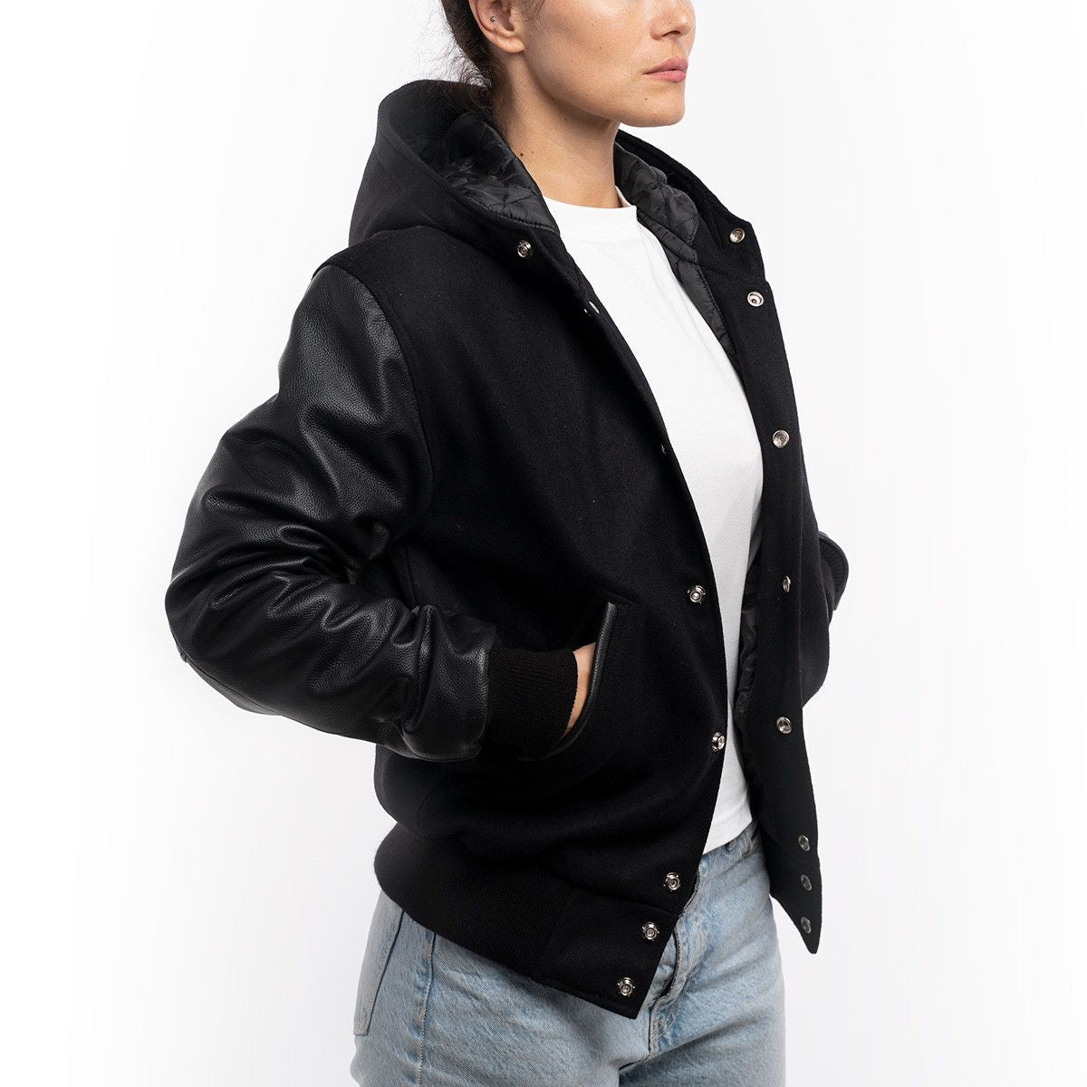 Women's Hooded Varsity Leather Jacket In Black