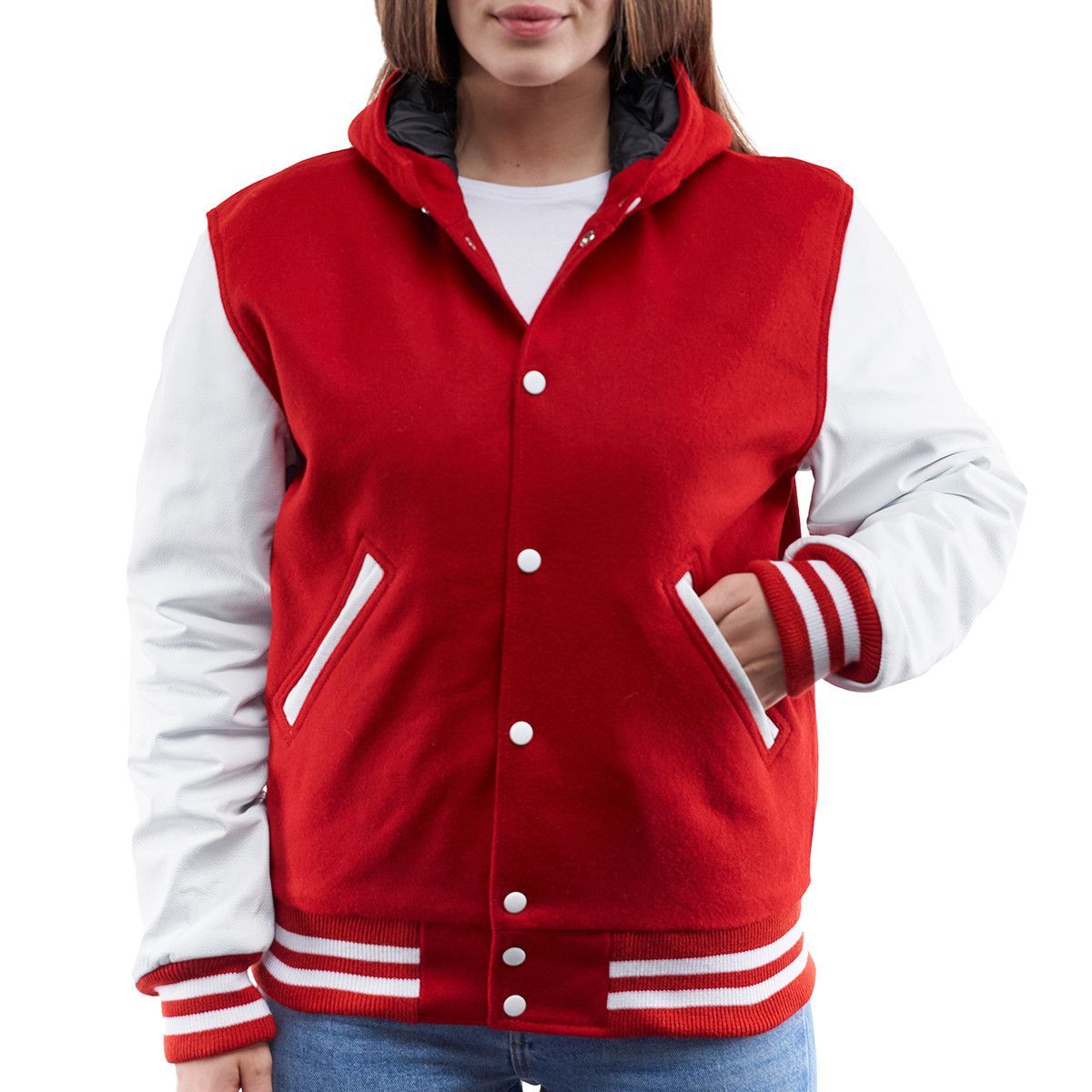 Women's Hooded Varsity Leather Jacket In Red & White SleevesWomen's Hooded Varsity Leather Jacket In Red & White Sleeves