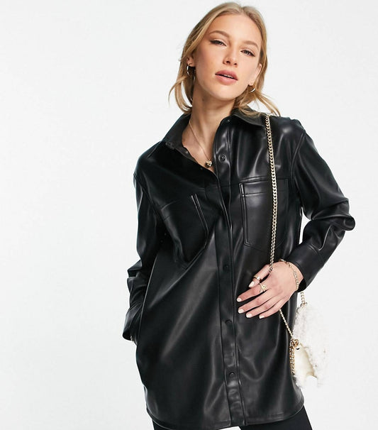 Women's Leather Trucker Shirt In Classic Black