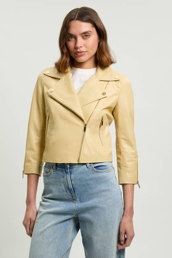 Women's Lemon Biker Leather Jacket With  3/4 Sleeves - Arcane Fox