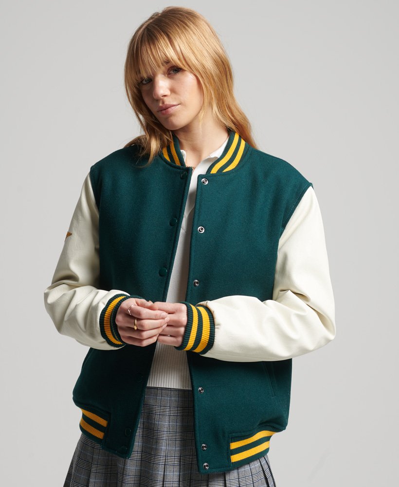 Women's Letterman Bomber Leather Jacket In See Green & White Sleeves