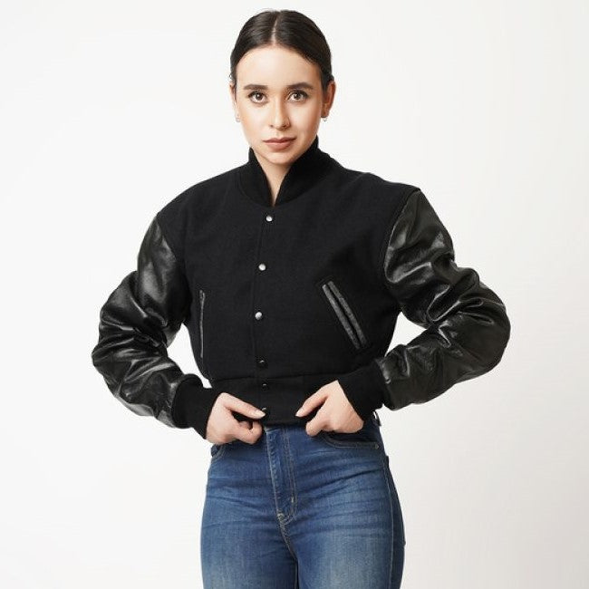 Women's Letterman Cropped Leather Jacket In Black