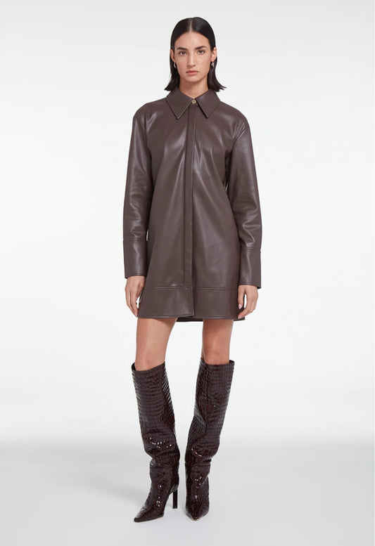 Women's Long Leather Shirt In Coffee Brown
