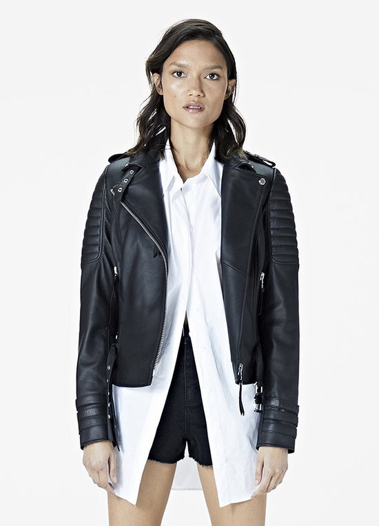 Women's Moto Cafe Racer Leather Jacket In Black - Arcane Fox
