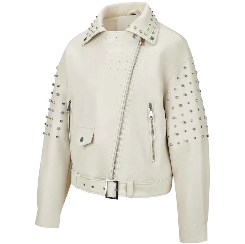 Women's Off White Belted Studded Leather Jacket