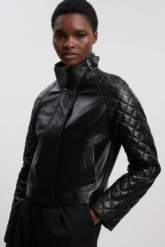Women's Quilted Sleeves Black Leather Jacket - Arcane Fox