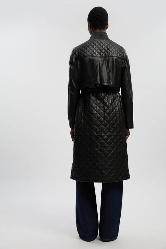 Women's Quilted Trench Black Leather Coat - Arcane Fox