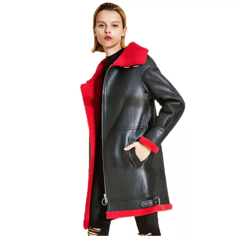 Women's Red Fur Sheepskin Leather Coat In Black