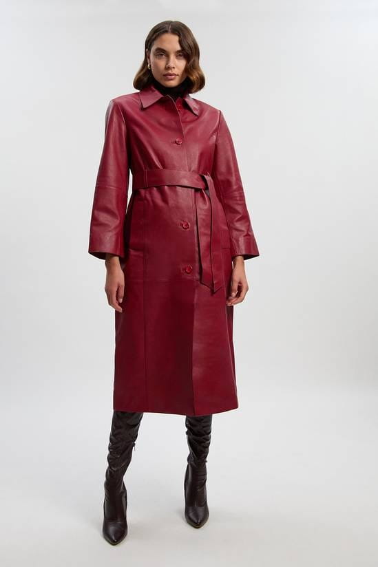 Women's Red Trench Leather Coat With Belted Waist - Arcane Fox