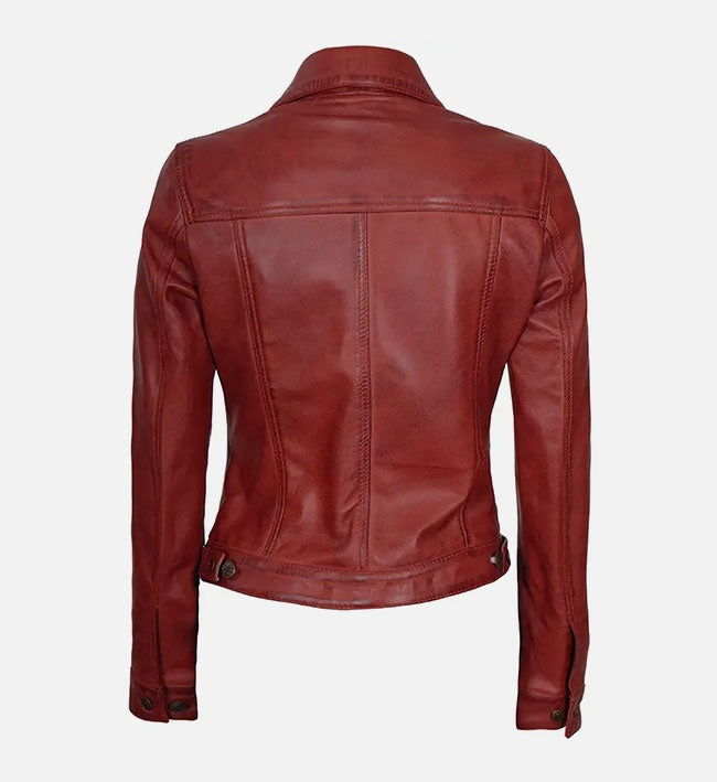 Women's Red Trucker Leather Jacket