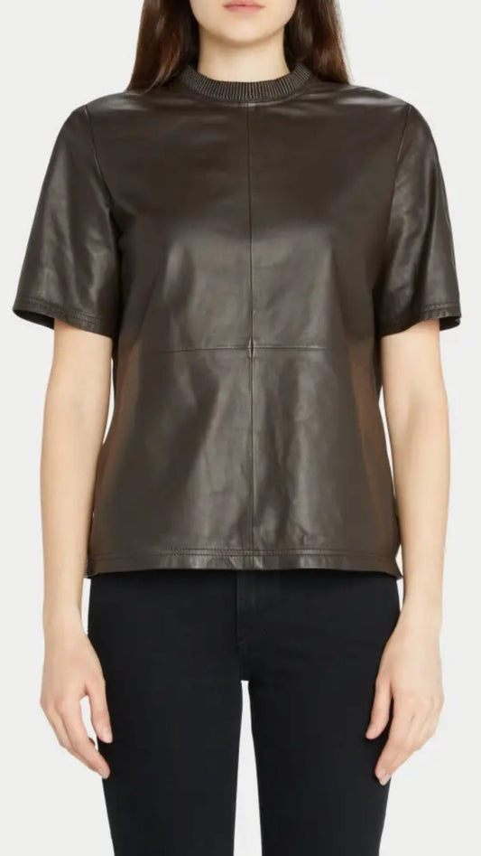 Women's Round Neck Leather Shirt In Coffee Brown