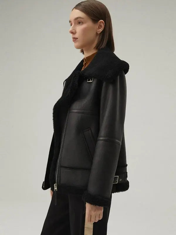 Arcane Fox - Women's Shearling Aviator Leather Jacket In Matte Black