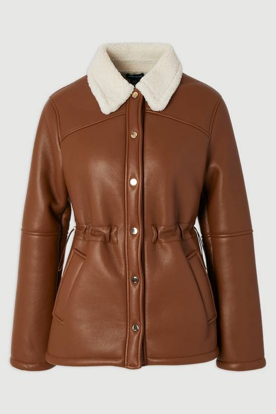 Women's Shearling Brown Leather Jacket With Button Closure