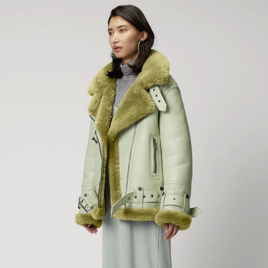 Arcane Fox - Women's Shearling Raf Aviator Leather Jacket In Mint Green