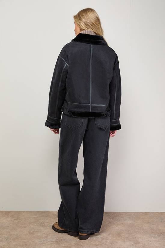 Women's Shearling Sheepskin Black Leather Jacket - Arcane Fox