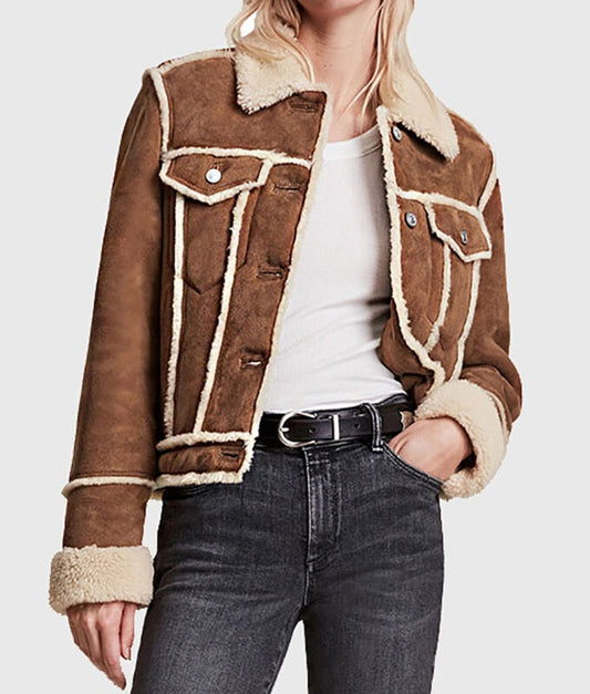 Women's Shearling Trucker Leather Suede Jacket In Brown