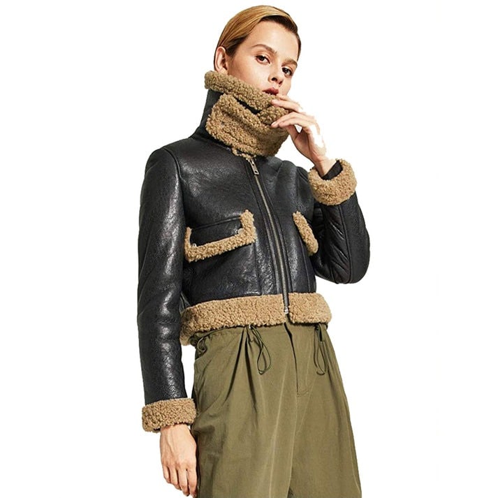 Arcane Fox - Women's Sheepskin Cropped Aviator Leather Jacket In Black