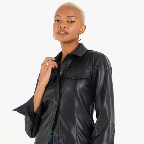 Women's Short Leather Shirt In Black