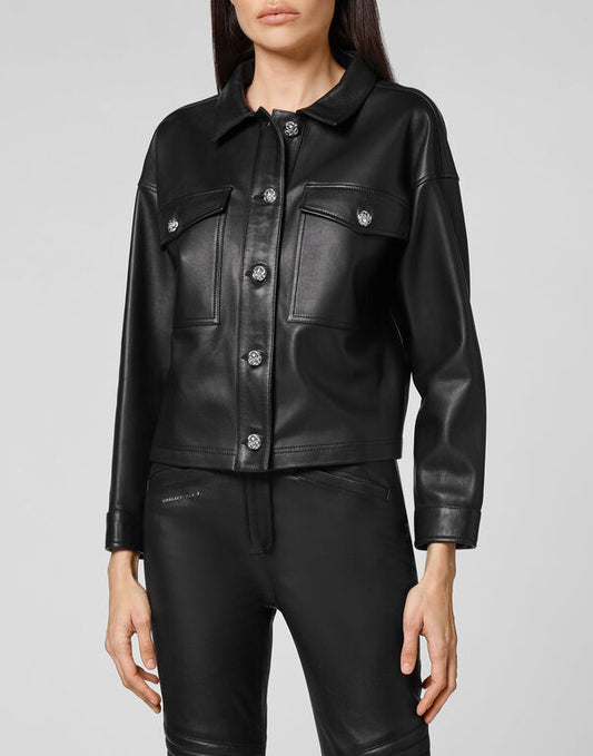Women's Short Trucker Leather Shirt In Black