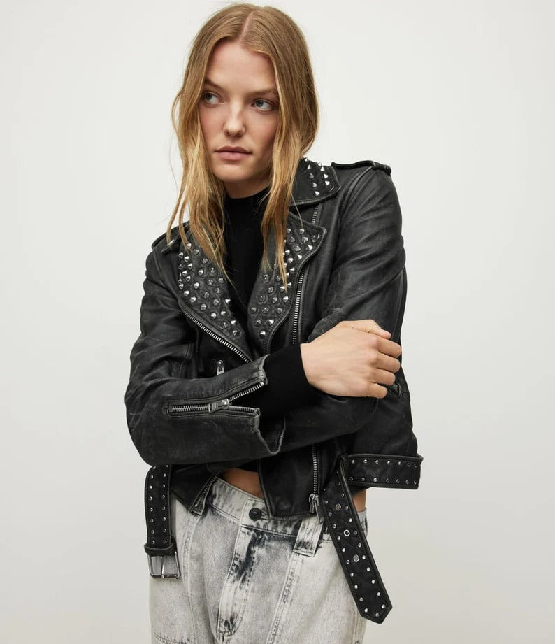Arcane Fox - Women's Studded Distressed Leather Jacket In Black