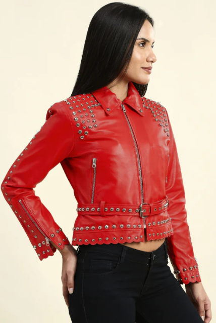 Women's Studded Leather Biker Jacket In Red