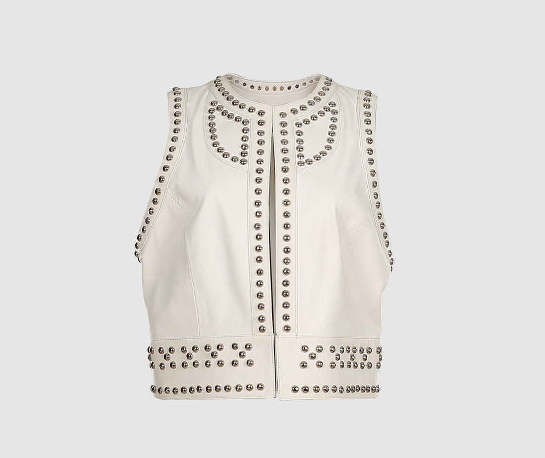 Women's Studded Leather Vest In White