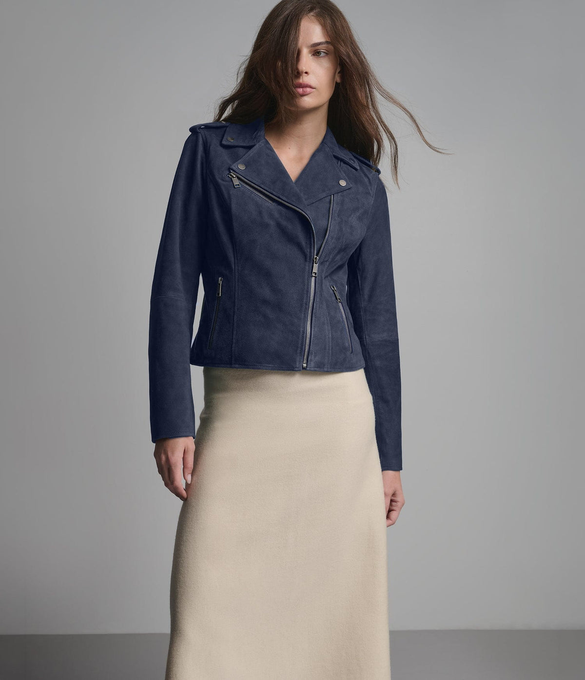 Women's Suede Biker Leather Jacket In Blue - Arcane Fox