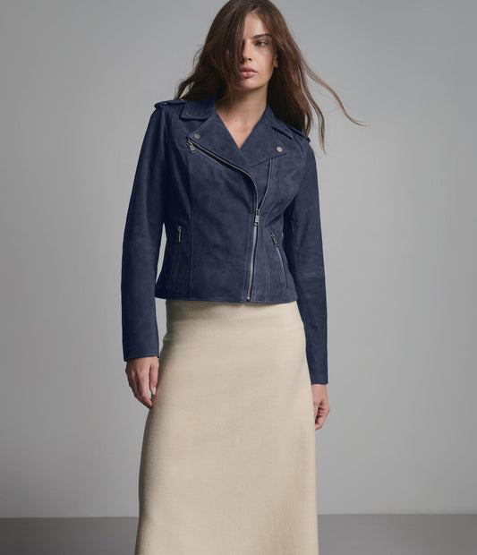 Women's Suede Biker Leather Jacket In Blue - Arcane Fox