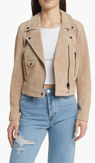Women's Suede Biker Leather Jacket In Tan Beige