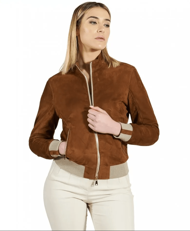 Women's Suede Bomber Leather Jacket In Dark Brown