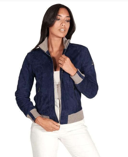 Women's Suede Bomber Leather Jacket In Royal Blue