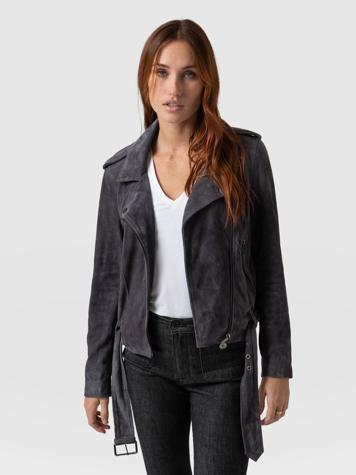 Women's Suede Leather Biker Jacket In Matte Black