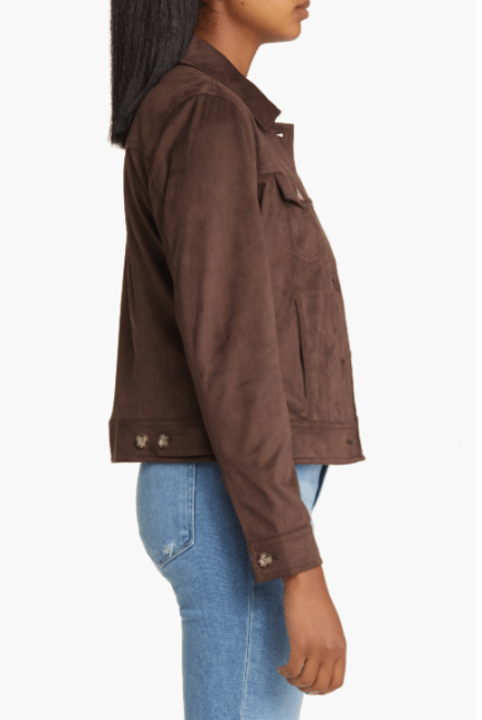 Women's Suede Leather Trucker Jacket In Coffee Brown