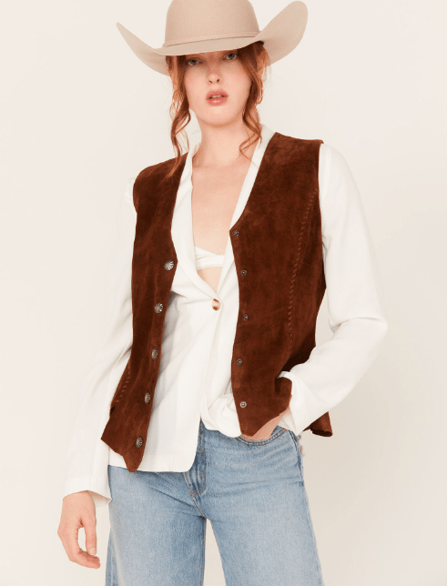 Women's Suede Leather Vest In Brown